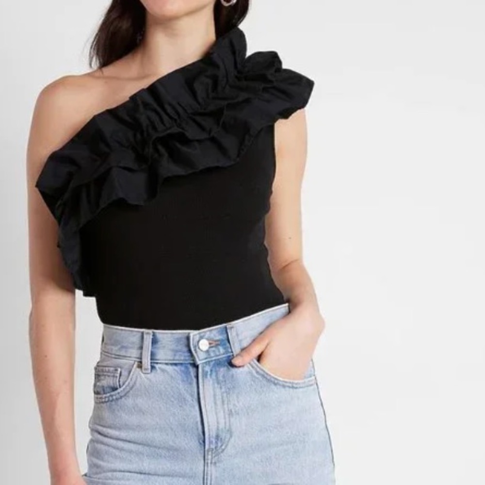 Express | POPLIN RUFFLE ONE SHOULDER THONG BODYSUIT | NWT